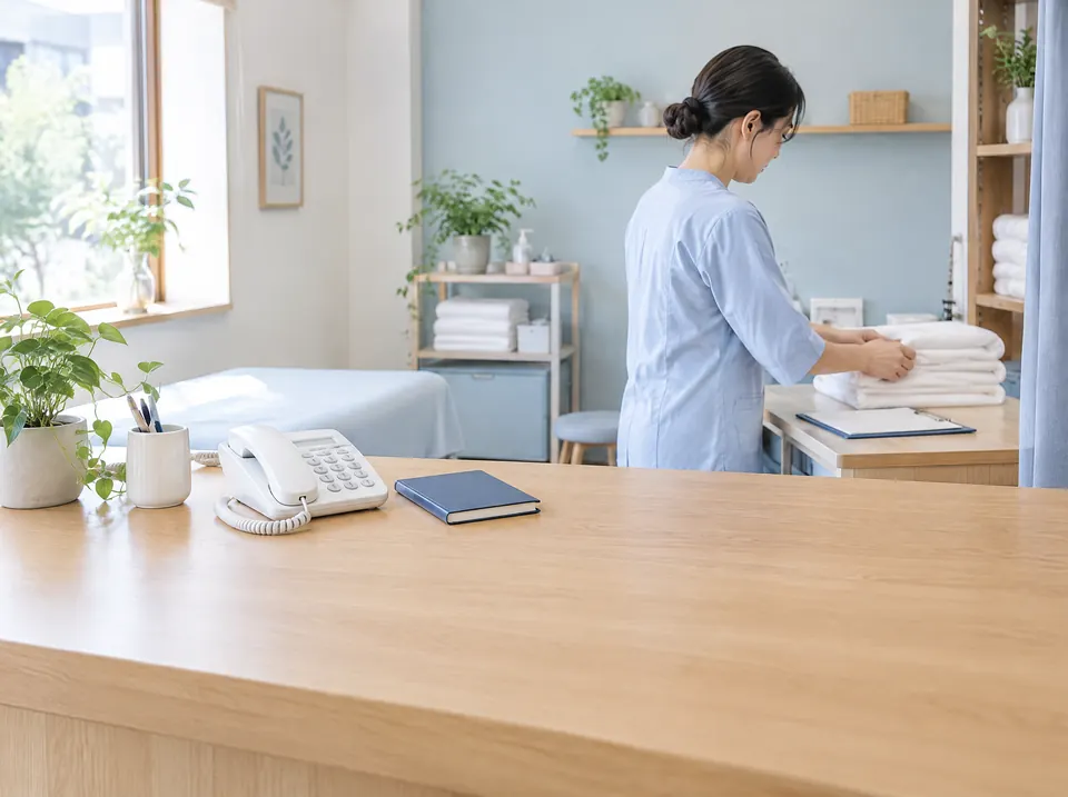 明るい仕事場で作業を続ける担当者と、受付カウンターの電話。AI生成の利用イメージ。