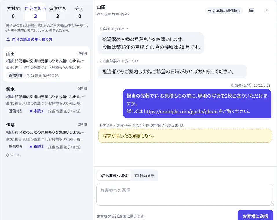 担当者の「問い合わせ対応」の画面。左に相談の一覧、右に会話と、お客様への返信・社内メモの切り替え(架空のデータ)